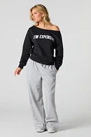 Embroidered Off Shoulder Fleece Sweatshirt