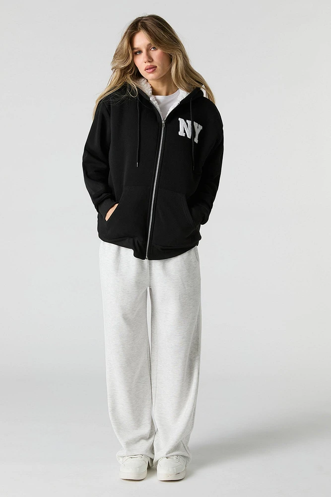 Chenille Embroidered Faux Fur Lined Fleece Hoodie