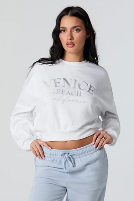 Venice Beach Embroidered Cropped Fleece Sweatshirt