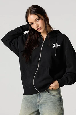 Oversized Puff Print Graphic Zip-Up Fleece Hoodie