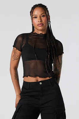 Mesh Mock Neck Lettuce Edge Crop Top