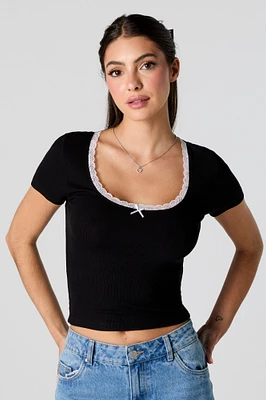 Ribbed Lace Trim Cropped T-Shirt