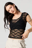 Sheer Floral Lace Scoop Neck Top