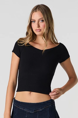 Ribbed Wide V-Neck Cropped T-Shirt