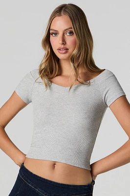 Ribbed Wide V-Neck Cropped T-Shirt