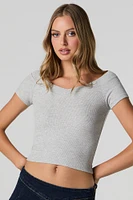 Ribbed Wide V-Neck Cropped T-Shirt