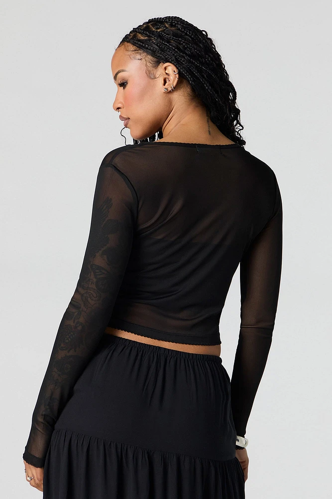 Mesh Cropped Button-Up Top