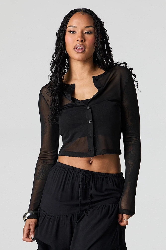 Mesh Cropped Button-Up Top