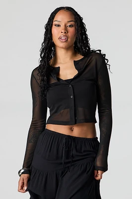 Mesh Cropped Button-Up Top