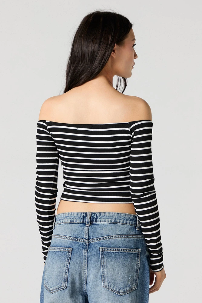 Striped Ribbed Off Shoulder Long Sleeve Top