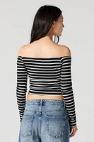 Striped Ribbed Off Shoulder Long Sleeve Top