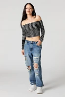 Striped Ribbed Off Shoulder Long Sleeve Top