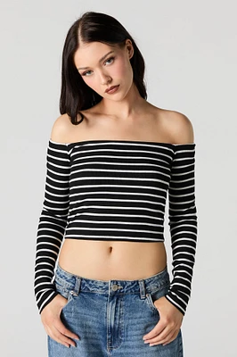 Striped Ribbed Off Shoulder Long Sleeve Top