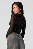 Rhinestone Mesh Cropped Long Sleeve Top