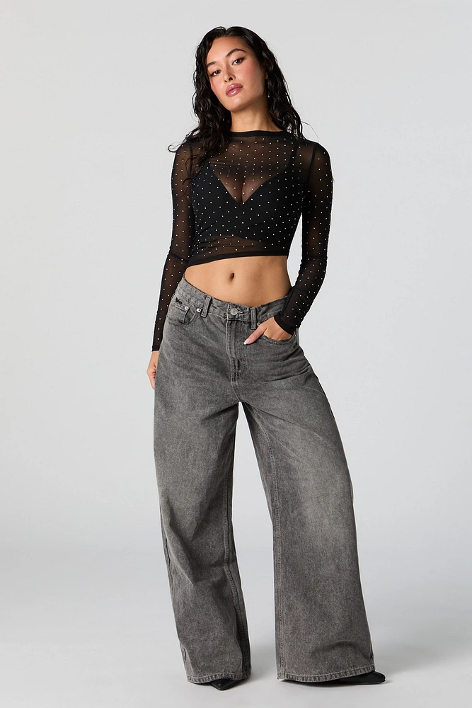 Rhinestone Mesh Cropped Long Sleeve Top