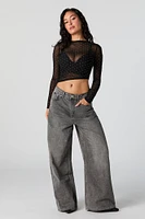 Rhinestone Mesh Cropped Long Sleeve Top