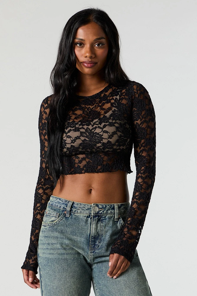 Floral Lace Cropped Long Sleeve Top