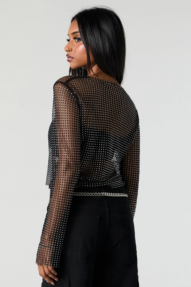 Rhinestone Fishnet Long Sleeve Top