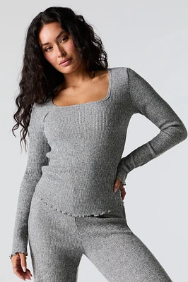 Ribbed Knit Square Neck Long Sleeve Top