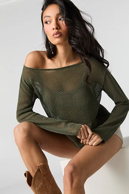 Sheer Knit Off Shoulder Long Sleeve Top
