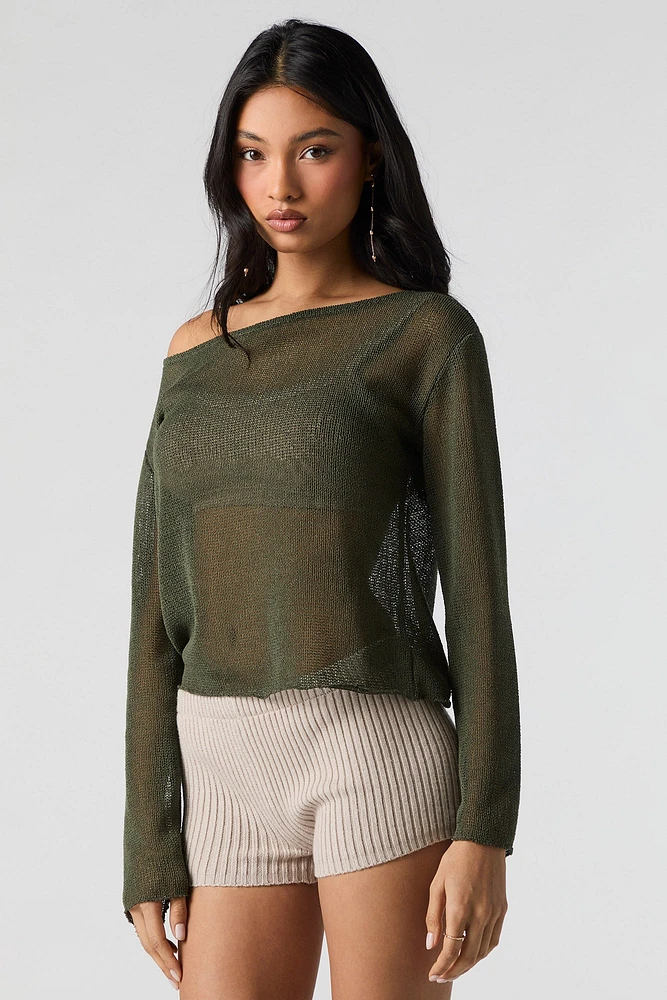 Sheer Knit Off Shoulder Long Sleeve Top