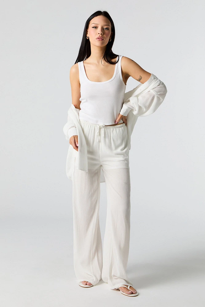 Pantalon à jambe large froissé avec taille coulissante