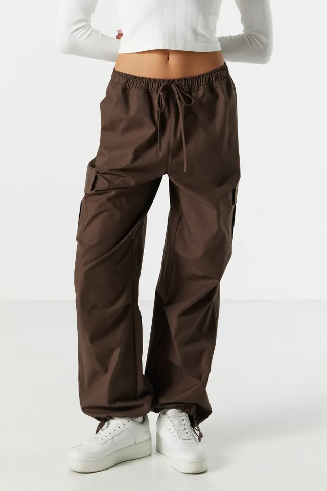 Ardene Cargo Parachute Pants with Zip Pockets in Dark Green