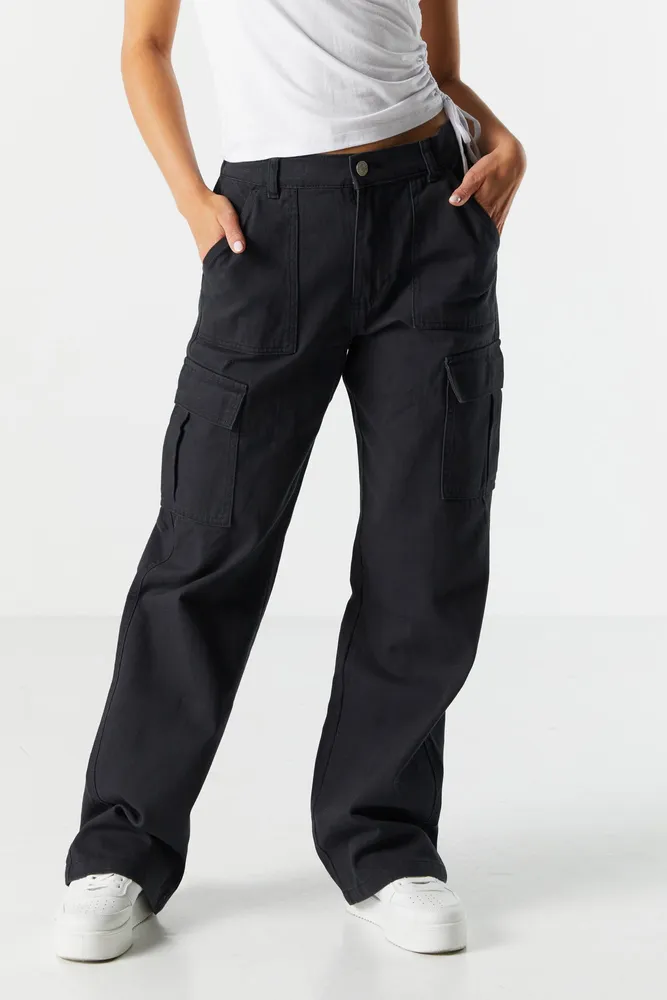 Black Elasticated Waist Straight Leg Cargo Pants