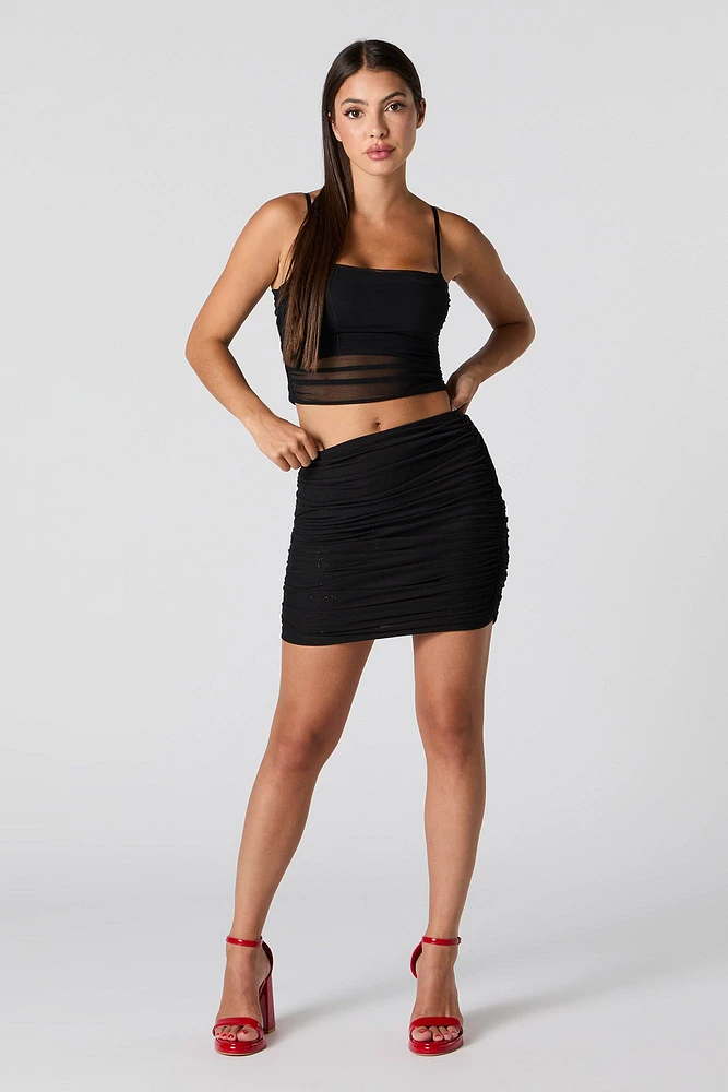 Sparkle Mesh Ruched Mini Skirt