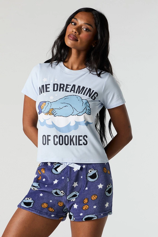 Ensemble-pyjama 2 piÃ¨ces avec t-shirt Ã  imprimÃ© Cookie Monster et short pelucheux