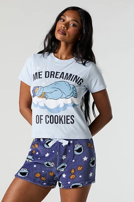 Ensemble-pyjama 2 piÃ¨ces avec t-shirt Ã  imprimÃ© Cookie Monster et short pelucheux