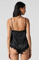 Satin Lace Trim Tank & Short 2 Piece Pajama Set