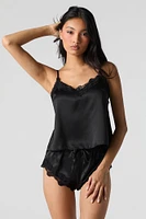 Satin Lace Trim Tank & Short 2 Piece Pajama Set