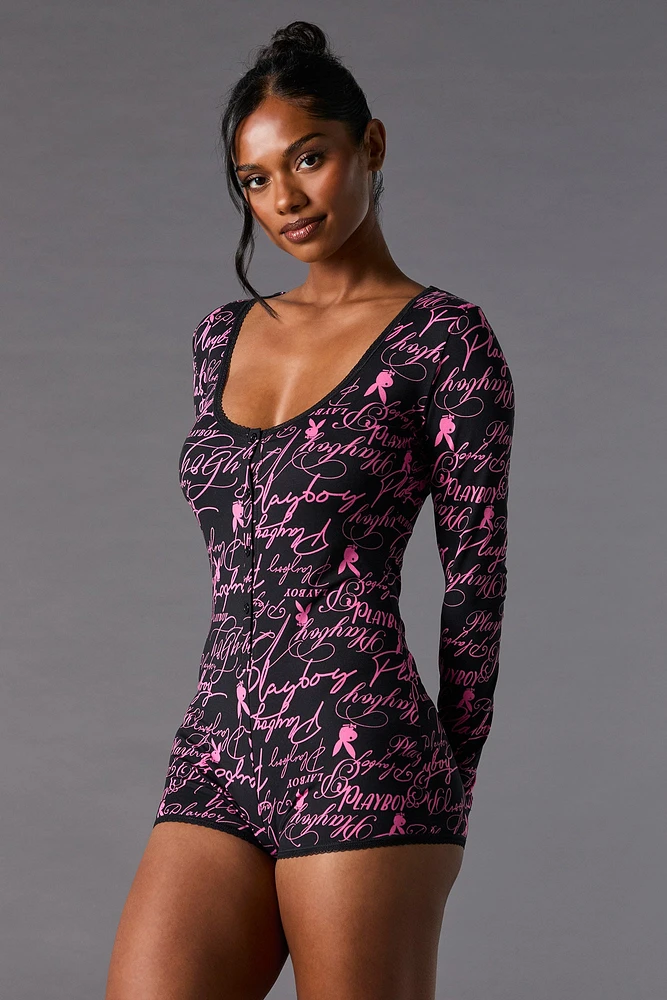 Playboy Print Lace Trim Pajama Romper