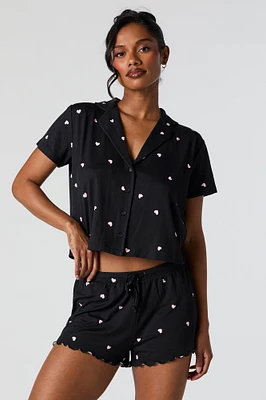 Printed Button-Up Top and Short 2 Piece Pajama Set