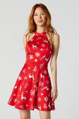 Deer Print Xmas Halter Dress