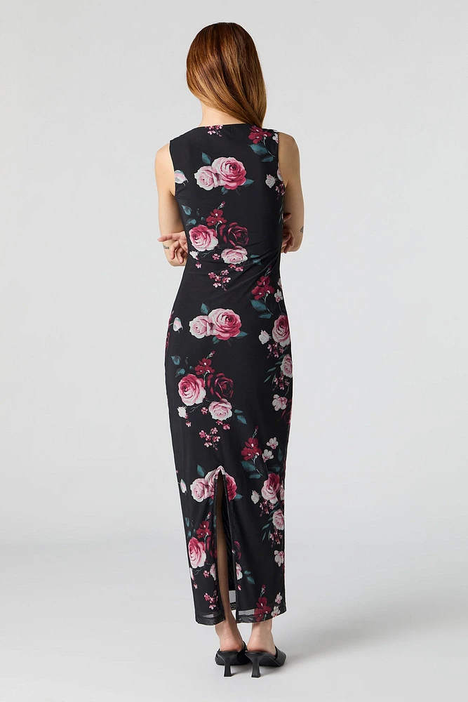 Floral Mesh Square Neck Maxi Dress