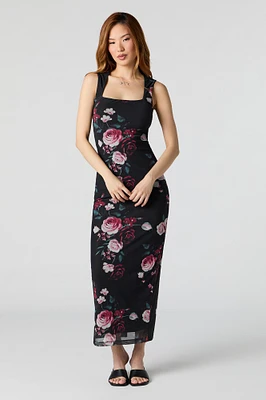 Floral Mesh Square Neck Maxi Dress