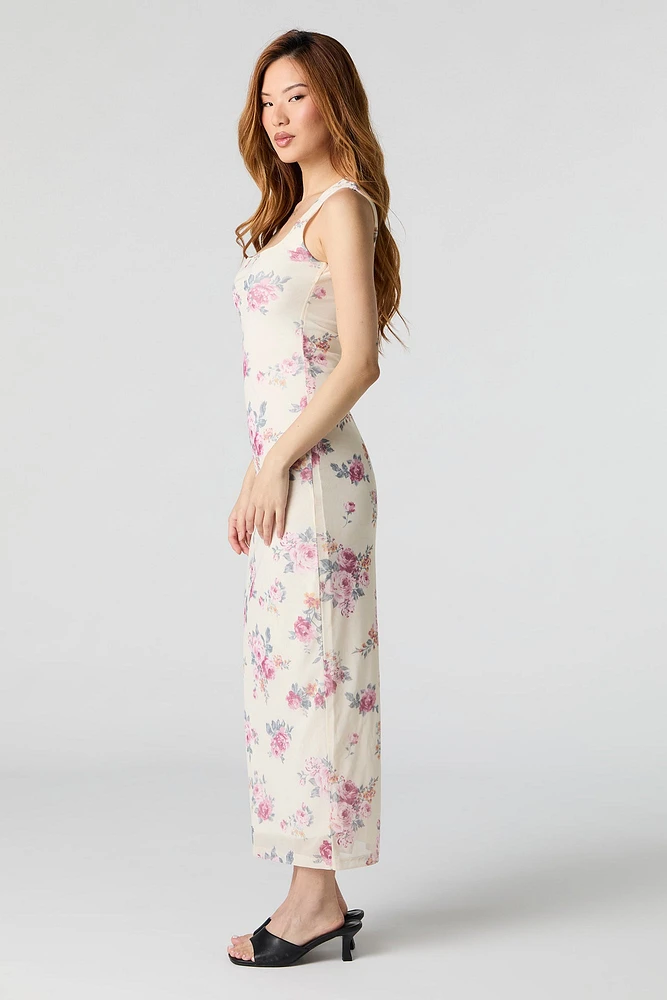 Robe maxi fleurie en filet avec encolure carrée
