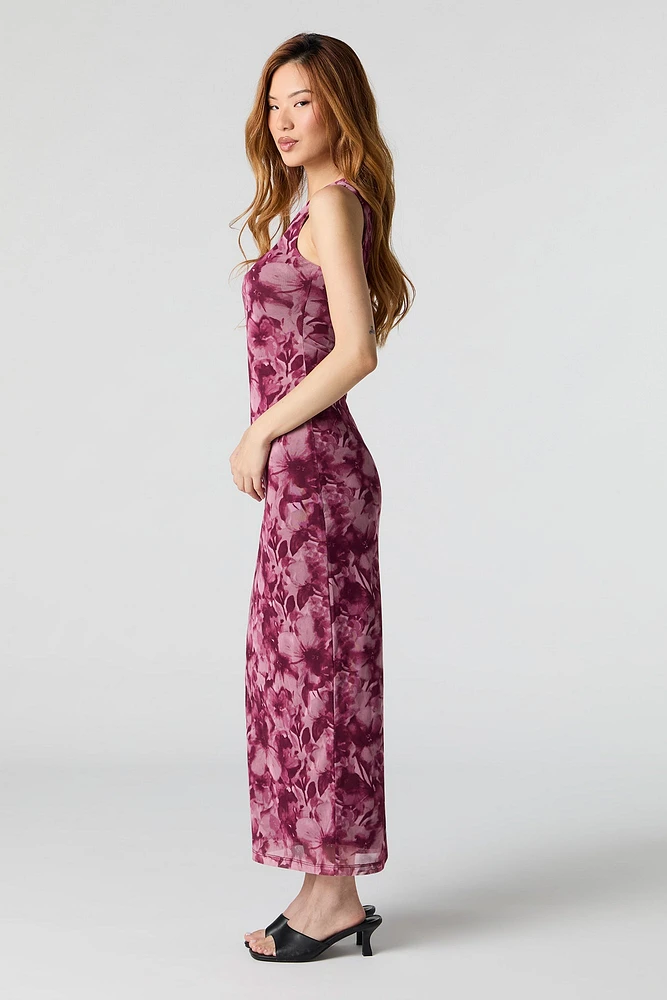 Floral Mesh Square Neck Maxi Dress