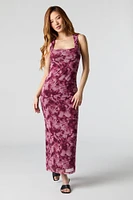 Floral Mesh Square Neck Maxi Dress
