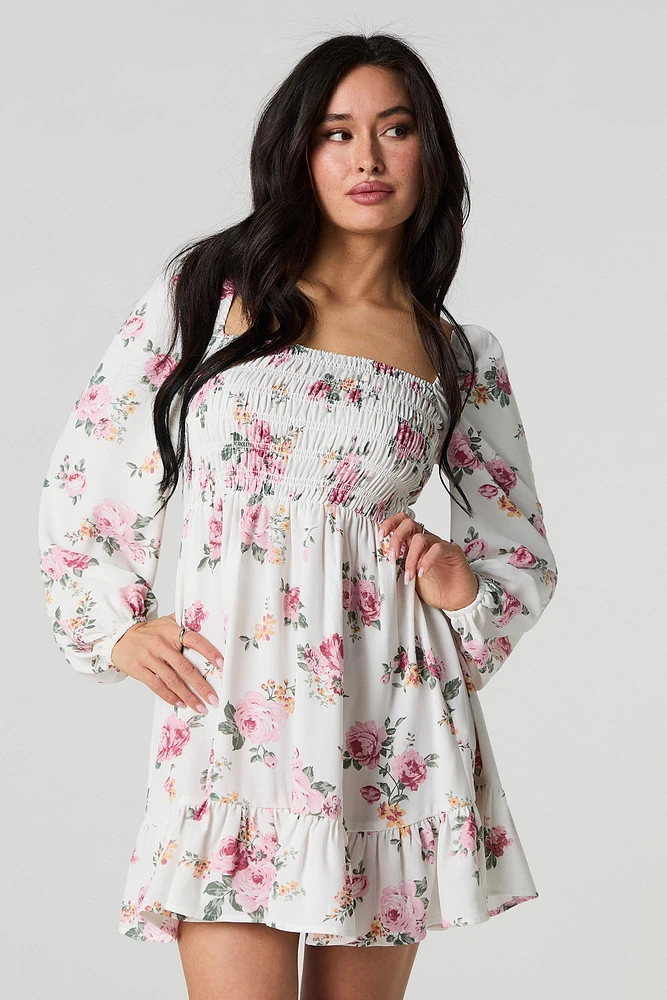 Floral Printed Smocked Ruched Mini Dress