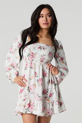 Floral Printed Smocked Ruched Mini Dress