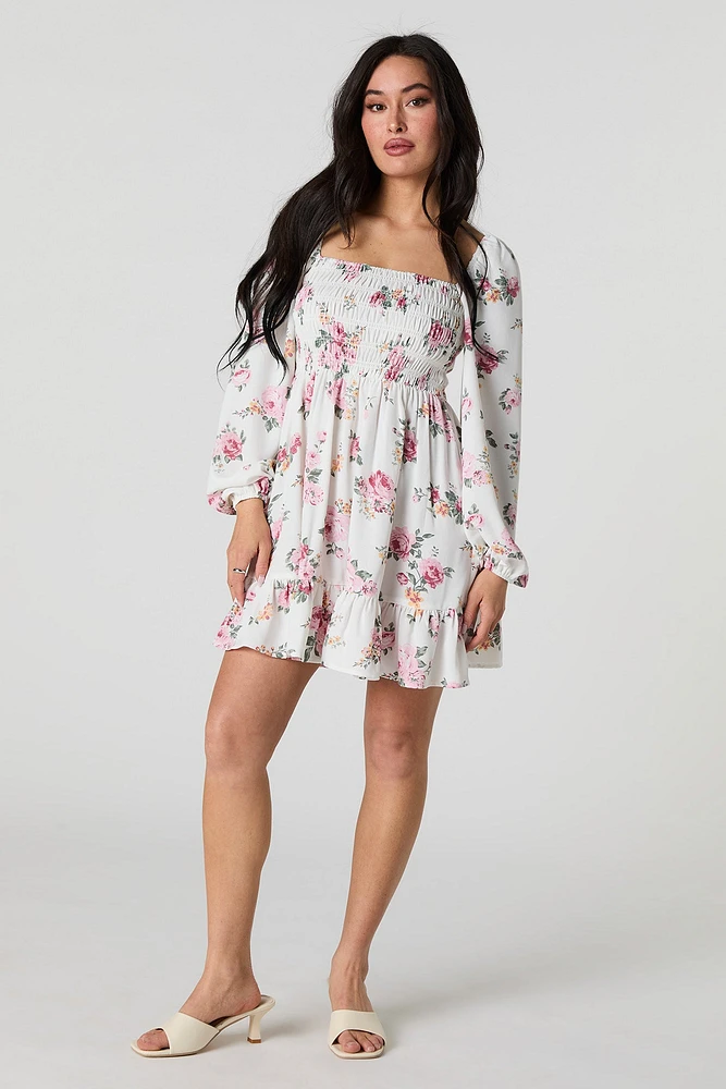 Floral Printed Smocked Ruched Mini Dress
