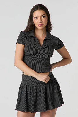 Ribbed Knit Collared Crop Top