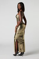 Metallic Ruched Slit Maxi Skirt