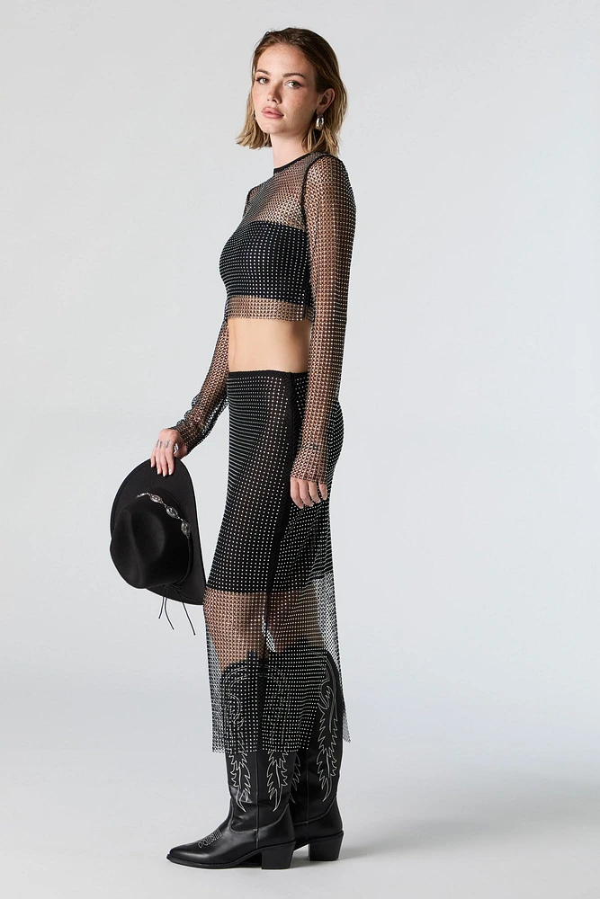 Fishnet Rhinestone Midi Skirt