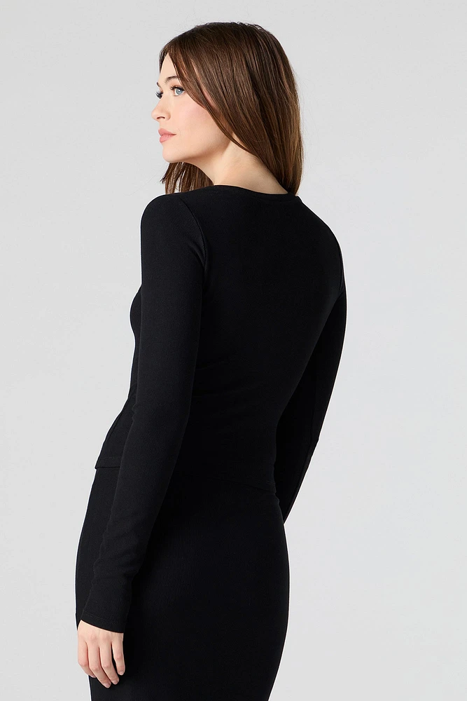Ribbed Button-Up Long Sleeve Top