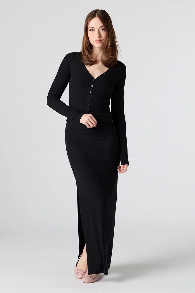 Ribbed Button-Up Long Sleeve Top