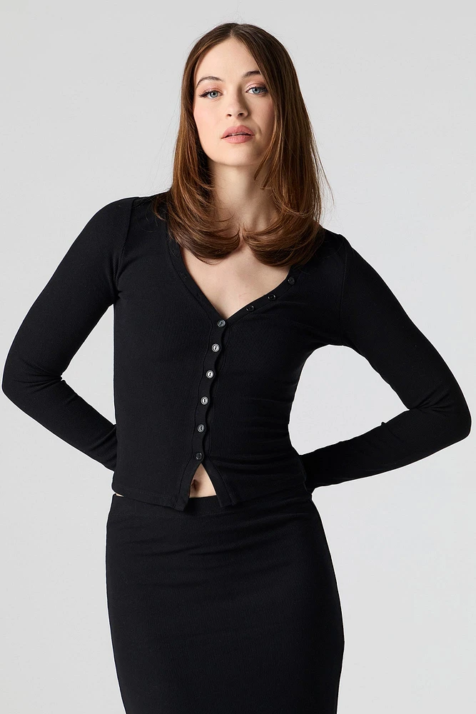 Ribbed Button-Up Long Sleeve Top